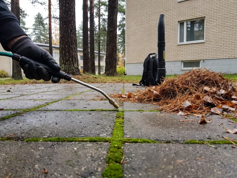 Kindas käsi suunab madalrõhupritsi toru sammaldunud vuugile, kõnnitee serval okkahunnik ja seljakantav lehepuhur, taga männid ja heledast tellisest korterelamu, biotsiidile segatakse sinine märkevärv, et iga pihustatud vuuk oleks näha.