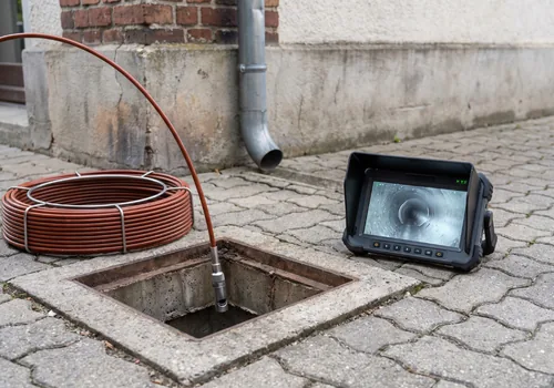 Torustiku kaamerauuring, kaamerapea laskub revisjonikaevu ja monitoril on toru sisevaade, kaamerapea ümber on plastist liugur, mis hoiab objektiivi toru keskel.