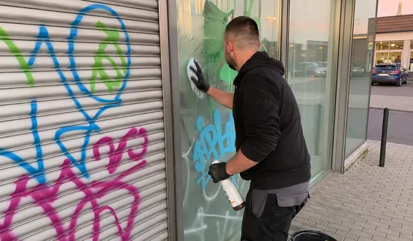 Grafiti eemaldamine klaasilt lapi ja pihustiga, kõrval grafitiga kaetud metallist rulluks, grafitimeister määrab värvitüübi lahustiproovi järgi enne, kui klaasi puudutab.
