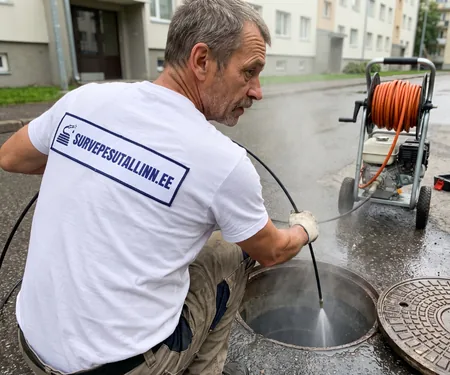 Meister juhib voolikut avatud kanalisatsioonikaevu kortermajade vahelisel tänaval, kaevu kaas tõstetakse kaanetõstukiga, mitte kangiga, et kaevu raam ei mõraneks.