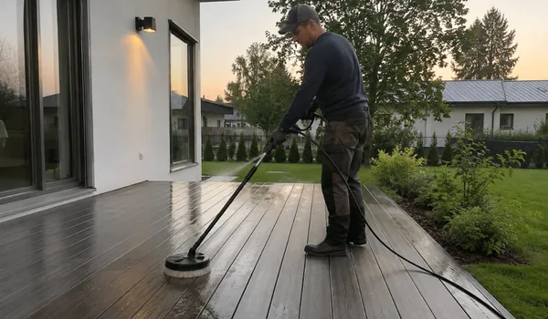 Komposiitterrassi pesu pika varrega ümara harjaotsikuga, heledad triibud tekivad liiga lähedalt pesemisest, mitte materjali veast.