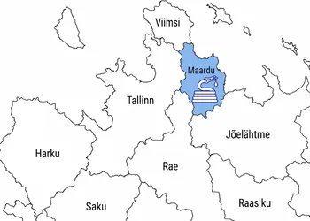 Harjumaa valdade piiridega kaart, Maardu helesinisena ja keskel Survepesu Tallinn logo, Maardu linna kuuluvad Kallavere ja Muuga aedlinna kõrval ka Kroodi ja Kärmu.