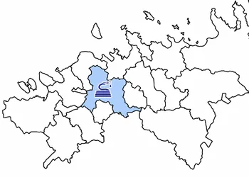 Saue vald helesinisena Harjumaa omavalitsuste kaardil, keskel Survepesu Tallinn logo, Saue sai alevist linnaks 1993. aastal.
