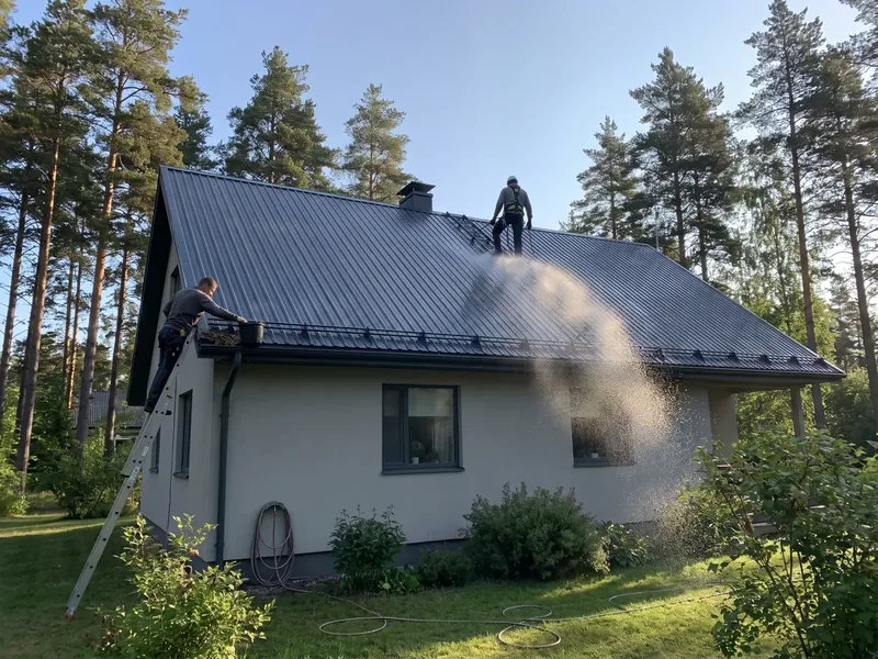 Tumehalli profiilplekk-katusega maja kõrgete mändide vahel, katusel pestakse plekki ja redelil seisev töötaja korjab rennist okkaid ämbrisse, plekk-katust pestakse hommikul, sest päikesest kuumenenud plekile kuivab pesuvesi triipudena.