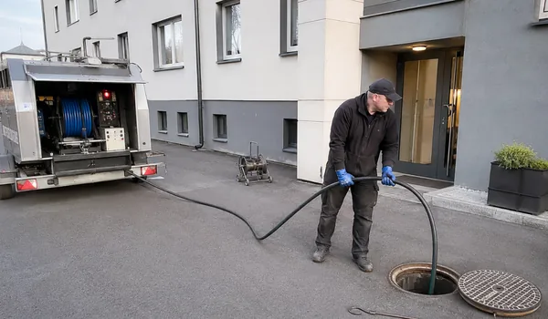 Trasside ennetav läbipesu korterelamu ukse ees, meister juhib voolikut kaevu, kanalisatsiooniauto pump annab läbipesuks 150 liitrit vett minutis.