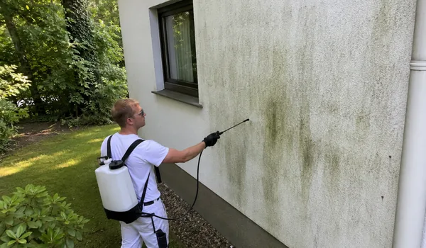 Vetika- ja samblatõrje fassaadil, meister pihustab seljapritsiga rohelise vetikakasvuga krohviseina, biotsiidi kogus arvestatakse ruutmeetrite järgi enne väljasõitu.